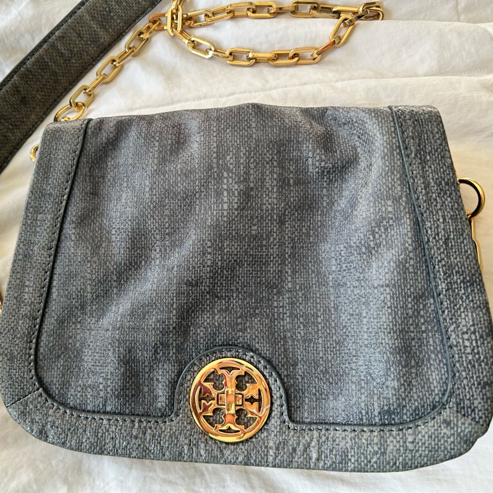 Tory Burch Gray and Gold Crossbody Bag with Elegant Logo
